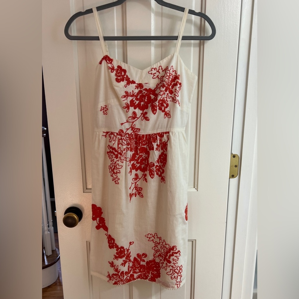 J CREW Embroidered Floral Lined Cotton Sundress w/ Pockets Ivory Coral EUC